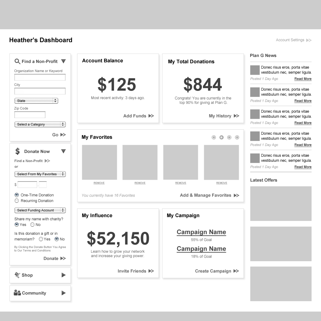 PlanG UX wireframe for dashboard